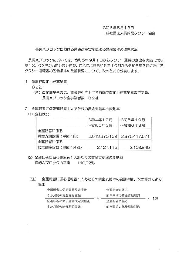 長崎Ａブロックにおける運賃改定実施による労働条件の改善状況について